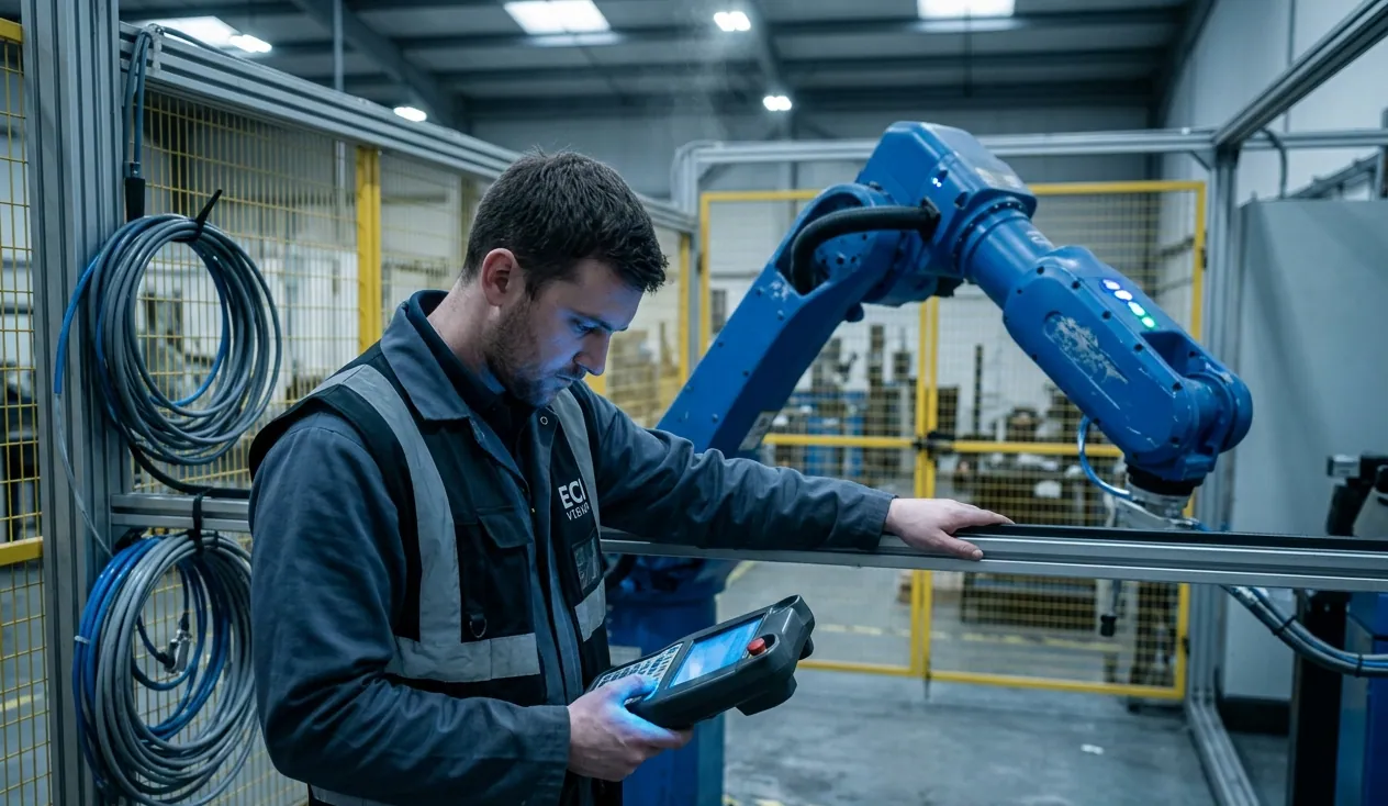 An ECI Vision engineer commissioning a robot cell with a teach pendant
